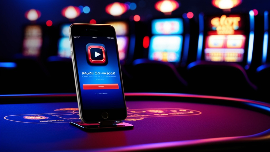 Smartphone mit App-Download auf einem düsteren Casinotisch